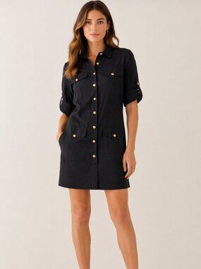 Veronica Beard Black Shirt Dress Gold Button Front Utility Preppy Quiet Luxury